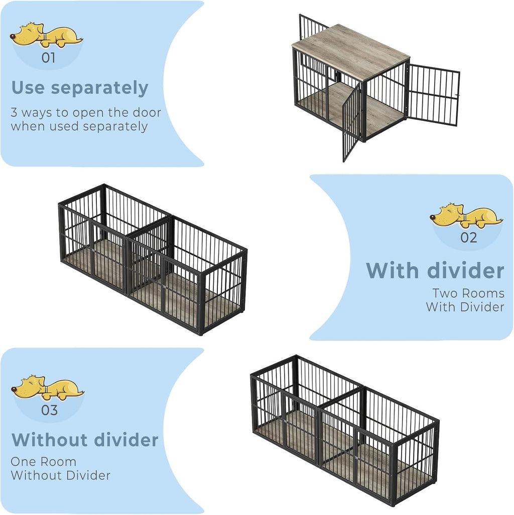 77.64" Dog Crate Furniture Large Breed TV Stand with Double Rooms, Wooden Kennel End Table C5910