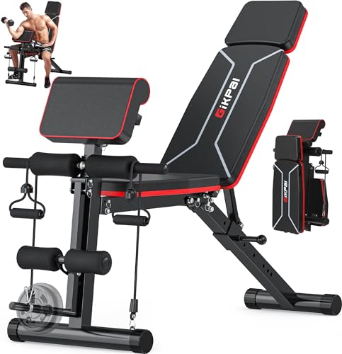 GIKPAL Adjustable Weight Bench - Workout Bench Press for Home Gym, Foldable Incline Decline Sit up Exercise Bench for Full Body Strength Training w/Leg Extension and Preacher Pad