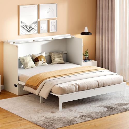 Harper & Bright Designs Queen Murphy Bed Cabinet with USB Charging Station, White D9669