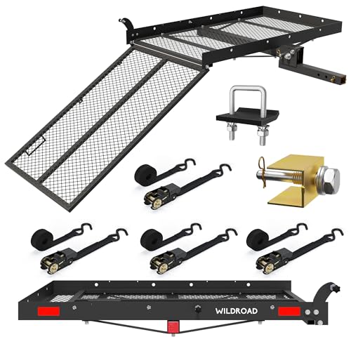 WILDROAD Hitch Cargo Carrier with Ramp 50" x 29" x 4" 500 LBS Folding Trailer Hitch Cargo Carrier Fits 2" Receiver with Hitch Stabilizer and 4pcs Ratchet Straps