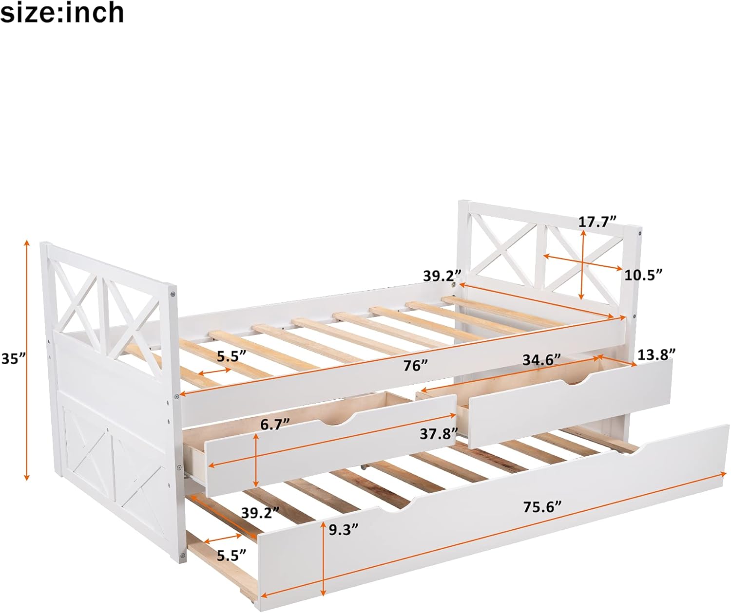 Twin Captain's Bed with Trundle and Storage Drawers, White T35158
