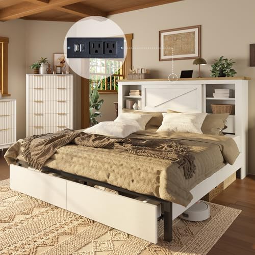 AMERLIFE King Bed Frame with Bookcase Headboard and Charging Station V4787
