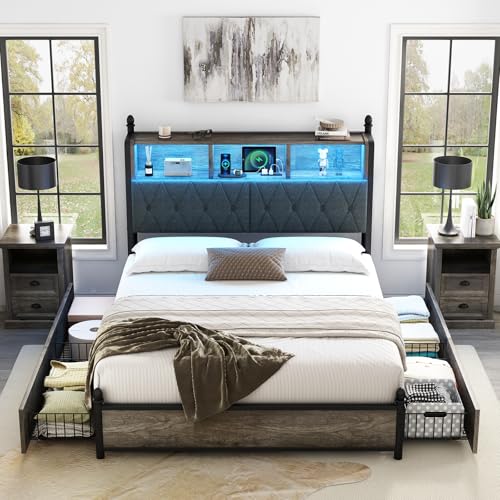 AMERLIFE Full Size Bed Frame with Bookcase Headboard, Charging Station, Rustic Brown H544
