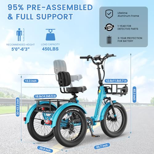 MOONCOOL Electric Trike for Adults, 20" Folding 3-Wheel Ebike, 500W Motor, Removable Battery W50658