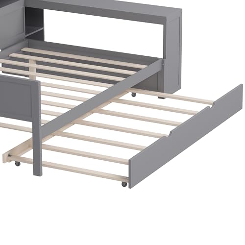 Bellemave Twin Corner Bed Frame with Storage Shelves and Desk, Gray L74206
