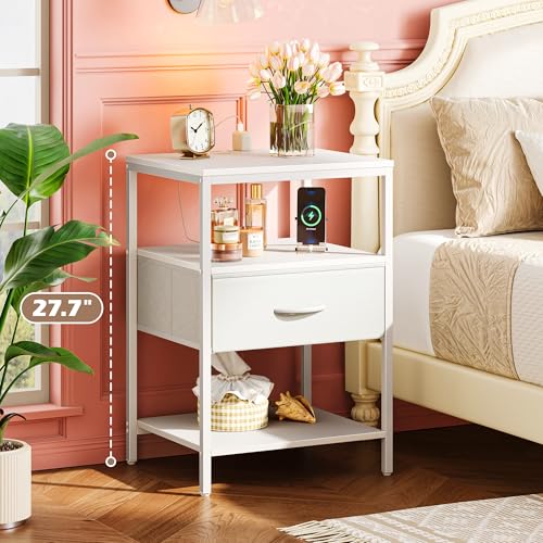 SUPERJARE Nightstand with Charging Station, Fabric Drawer, 3-Tier Storage, Walnut K366263