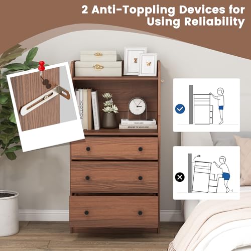 LOKO 3 Drawers Dresser with Shelves, Tall Nightstand, Anti-Toppling Device, Walnut T9199
