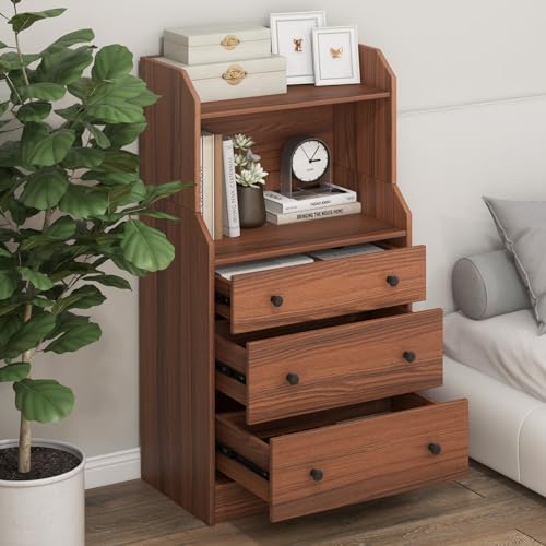 LOKO 3 Drawers Dresser with Shelves, Tall Nightstand, Anti-Toppling Device, Walnut T9199