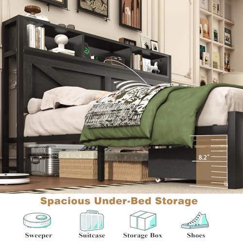 Farmhouse Full Bed Frame with Bookcase Headboard, Charging Station, Brown K11127