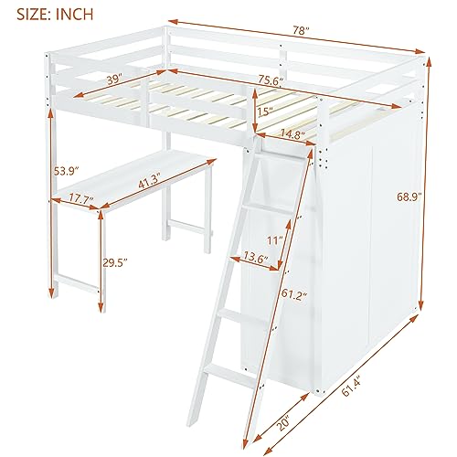 Harper & Bright Designs Full Size Loft Bed with Wardrobe and Desk, Solid Wood, White R4710