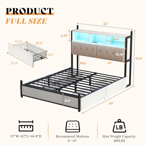 AMERLIFE Full Size Bed Frame with Bookcase Headboard, Charging Station, Rustic Brown H544