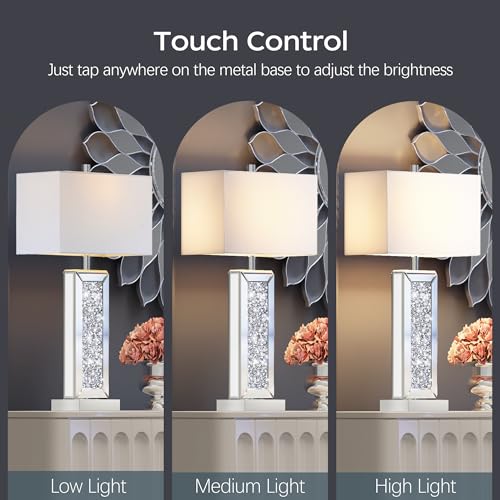 Modern Table Lamp Set of 2, Touch Control, Silver Crystal Bedside Lamp with USB Ports I576