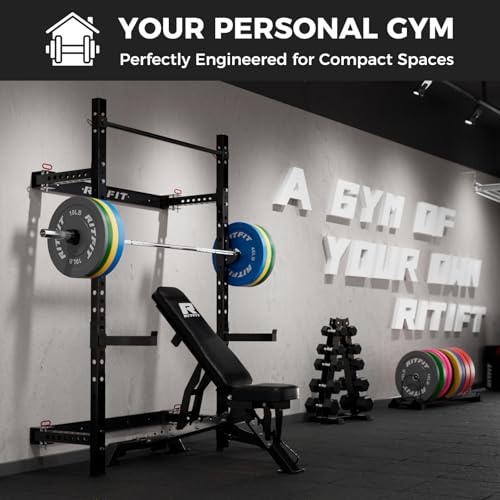 RitFit Multi-Functional Folding Squat Rack for Home Gym, Wall Mounted with Attachments V171188