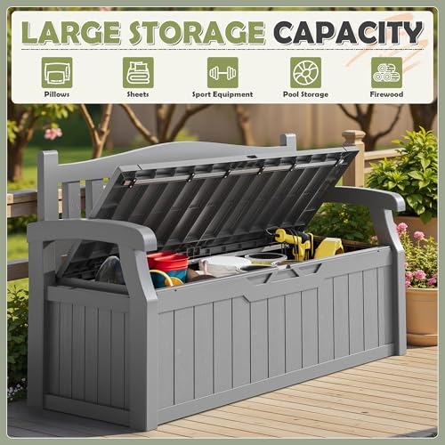 Homall 75 Gallon Outdoor Storage Bench Lockable Deck Box Waterproof UV Resistant Grey D354316