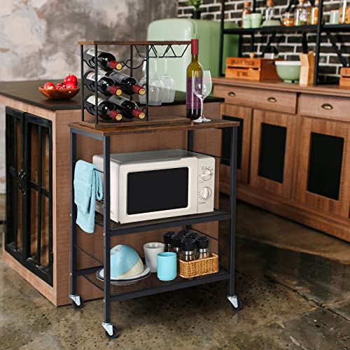 LIANTRAL 3 Tier Rolling Cart, Brown Kitchen Storage Cart on Wheels M635