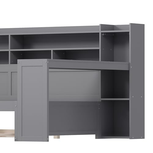 Bellemave Twin Corner Bed Frame with Storage Shelves and Desk, Gray L74206
