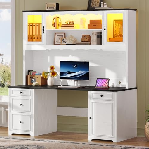 YITAHOME Executive Desk with Hutch, Drawers, Power Outlet & LED Lights, White & Black Z850393