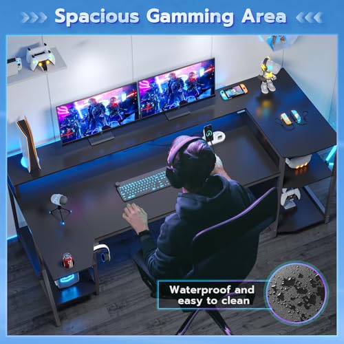 SEDETA Gaming Desk 70.8'' with LED Lights and Storage Shelves, Black Y2845