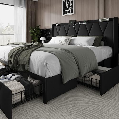 Queen Bed Frame with 4 Storage Drawers and Charging Station, Black S804993