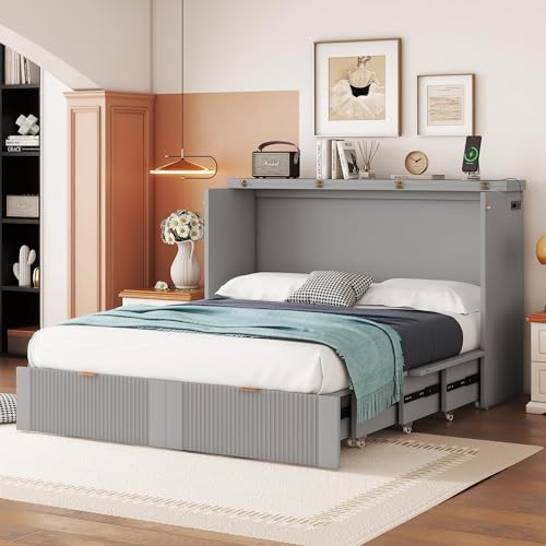 Harper & Bright Designs Queen Murphy Bed Cabinet with USB Charging Station, White D9669