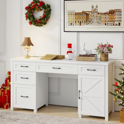 Farmhouse 61" Executive Desk with 5 Drawers and Charging Station, Pure Black W116439