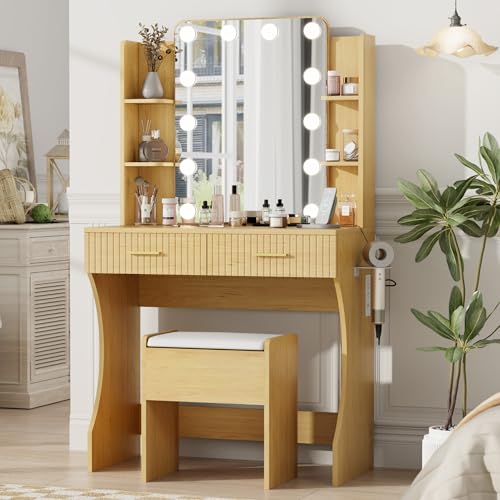 White Vanity Desk with LED Mirror and Storage Stool D5834
