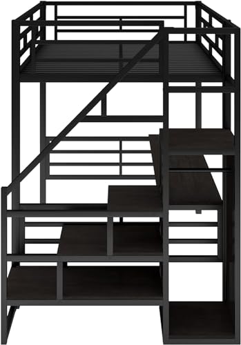 Metal Full Loft Bed with Desk and Wardrobe, Storage Stairs D90681