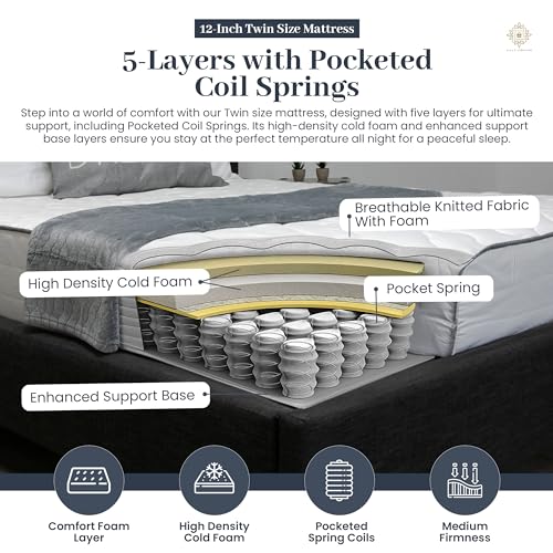 Twin Bed Mattress 12 Inch Hybrid with Pocketed Coils and Comfort Foam K18116