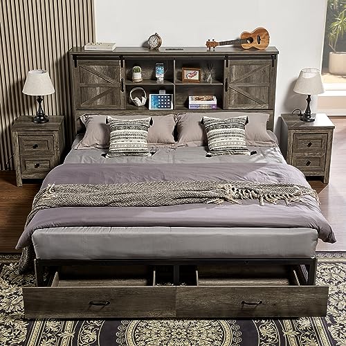 VanAcc Full Size Wooden Platform Bed with Bookcase Headboard and 2 Drawers O6158