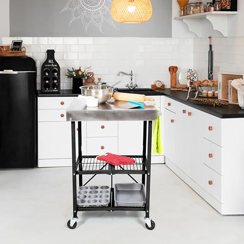 Origami Folding Kitchen Cart on Wheels, 3-Tier Rolling Cart Z2164