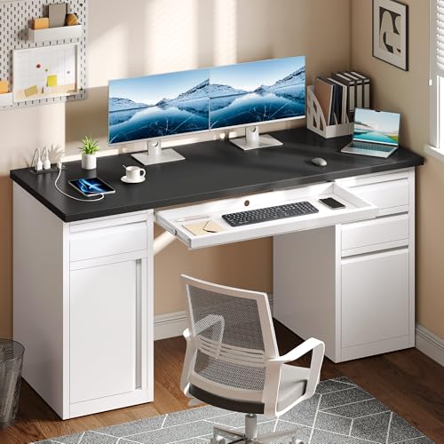 YITAHOME Office Desk with 5 Drawers, Power Outlets, 57 Inch, Black I604444