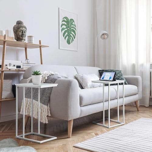 C Shaped Side Table Set of 2, Marble End Table for Sofa and Bed, White and Black O683294