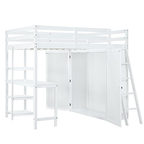 Harper & Bright Designs Full Size Loft Bed with Wardrobe and Desk, Solid Wood, White R4710