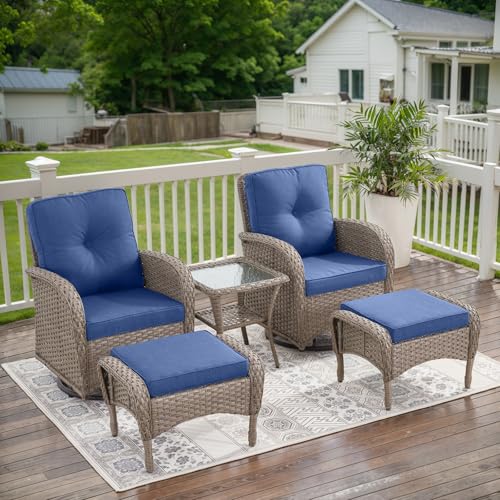 Outdoor Wicker Swivel Rocker Chairs Set of 2 with Rattan Side Table, Brown/Blue B592