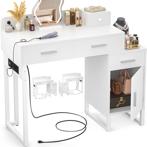 Black Vanity Desk with 4 Drawers and Charging Station O896