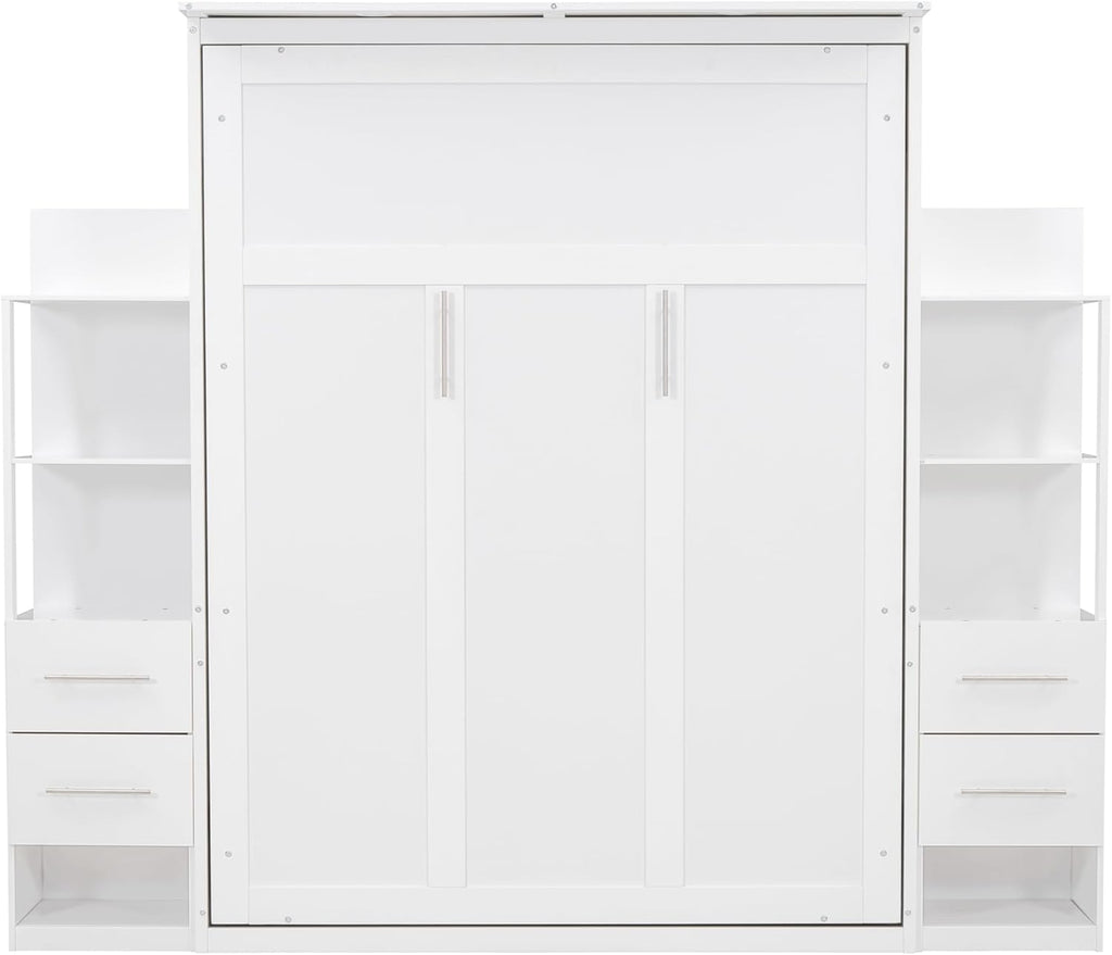 Queen Size Murphy Bed Wall Bed with Shelves and LED Lights, White N44570