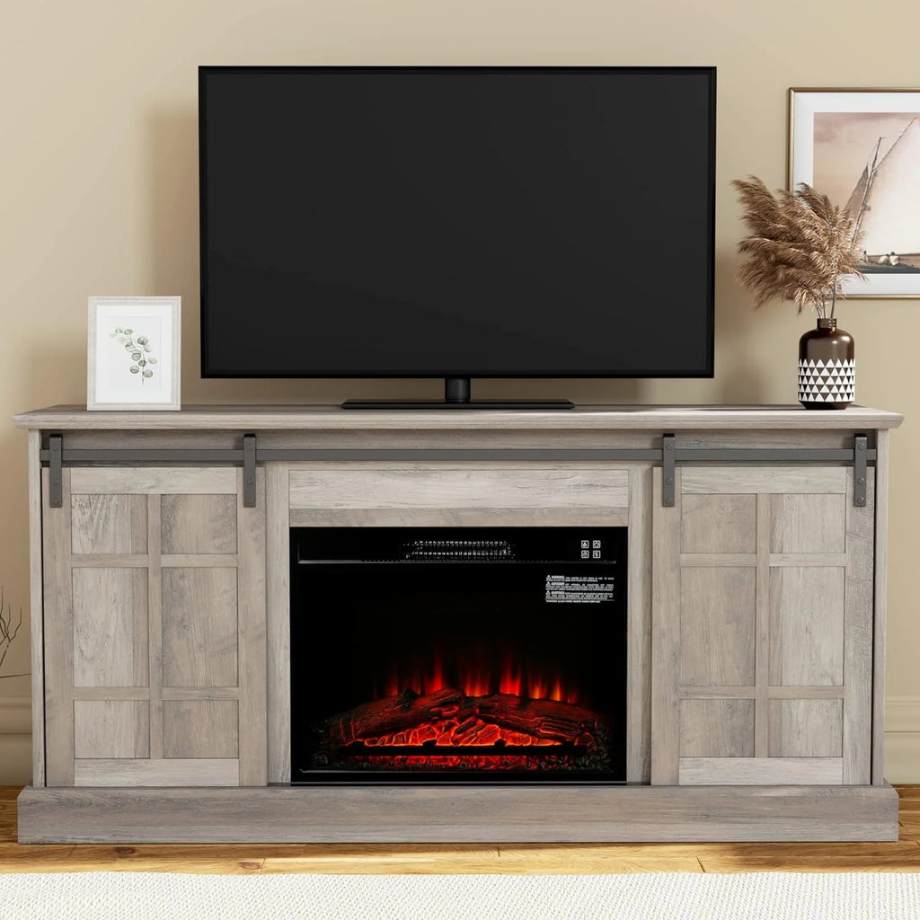 58" Farmhouse TV Stand with Electric Fireplace, Gray Wash A1124