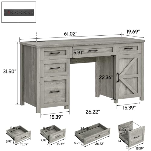 Farmhouse 61" Executive Desk with 5 Drawers and Charging Station, Pure Black W116439
