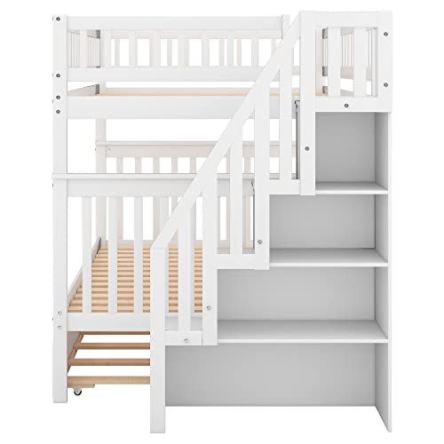 Harper & Bright Designs Twin Size Loft Bed with L-Shaped Desk and Stairs, Solid Wood, White D768