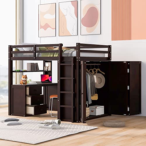 Harper & Bright Designs Full Loft Bed with Desk, Wardrobe, Solid Wood N868457
