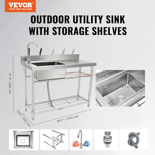 VEVOR Stainless Steel Utility Sink with Workbench Faucet and Legs, 39.4 x 19.1 x 37.4 in L559