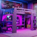 SOFTSEA Full Size Loft Bed with Desk and Storage, Solid Wood Loft Bed with Open Wardrobe and Multi-Storage Shelves, Full Gaming Bed with LED Lights for Adults Kids Teens, Grey