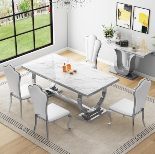 Goujxcy White Marble Dining Table Set for 6 with 4 Leather Chairs M989