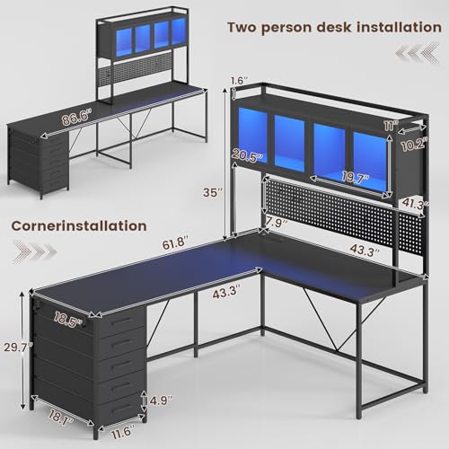 SEDETA L Shaped Gaming Desk with Drawers, LED Lights, and Power Outlet O3738
