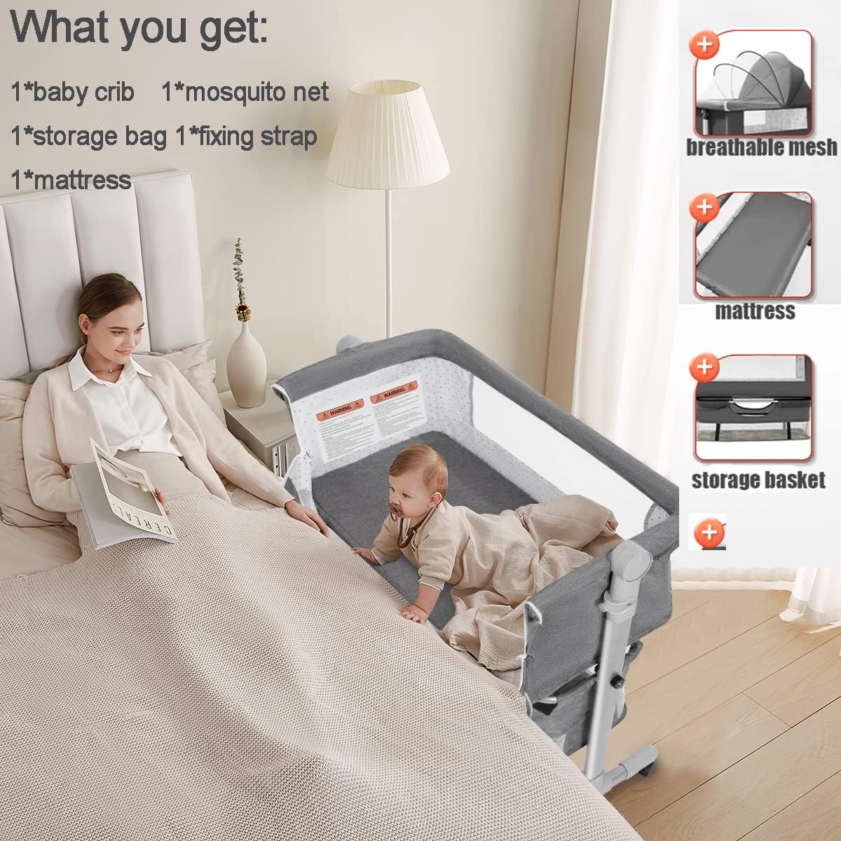 MMBABY 3 in 1 Travel Bedside Bassinet with Wheels, Height Adjustable M17491