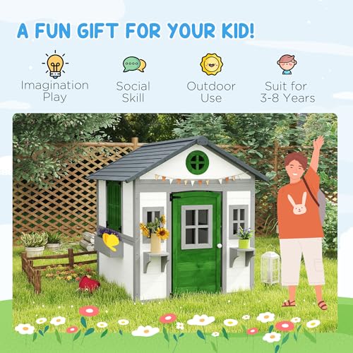 Outsunny Wooden Kids Playhouse with Doors and Windows for Toddlers 3-8 Years, Beige Q471
