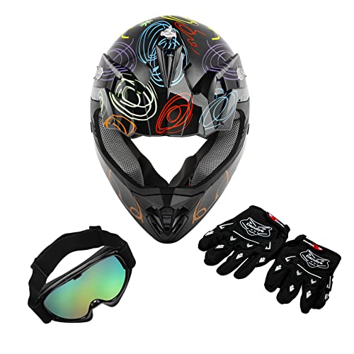 SLMOTO Dot Youth Kids Motocross Offroad Helmet with Goggles and Gloves Blue Skull D851858