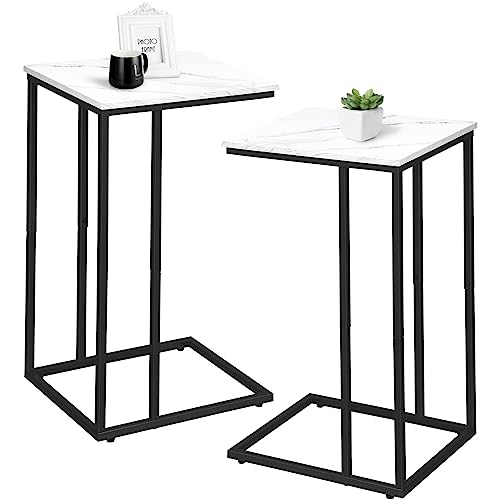 C Shaped Side Table Set of 2, Marble End Table for Sofa and Bed, White and Black O683294