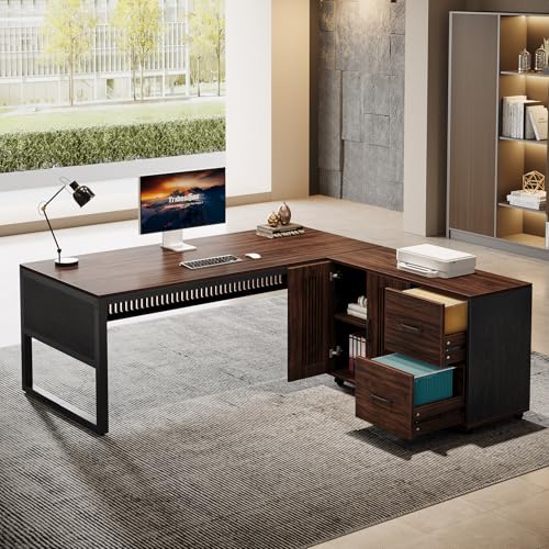 Tribesigns 63-Inch L-Shaped Executive Desk with Mobile File Cabinet, Dark Walnut & Black Z695