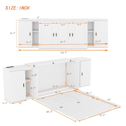 Ball & Cast Queen Size Solid Pine Murphy Bed with Charging Station, White + Walnut P2075